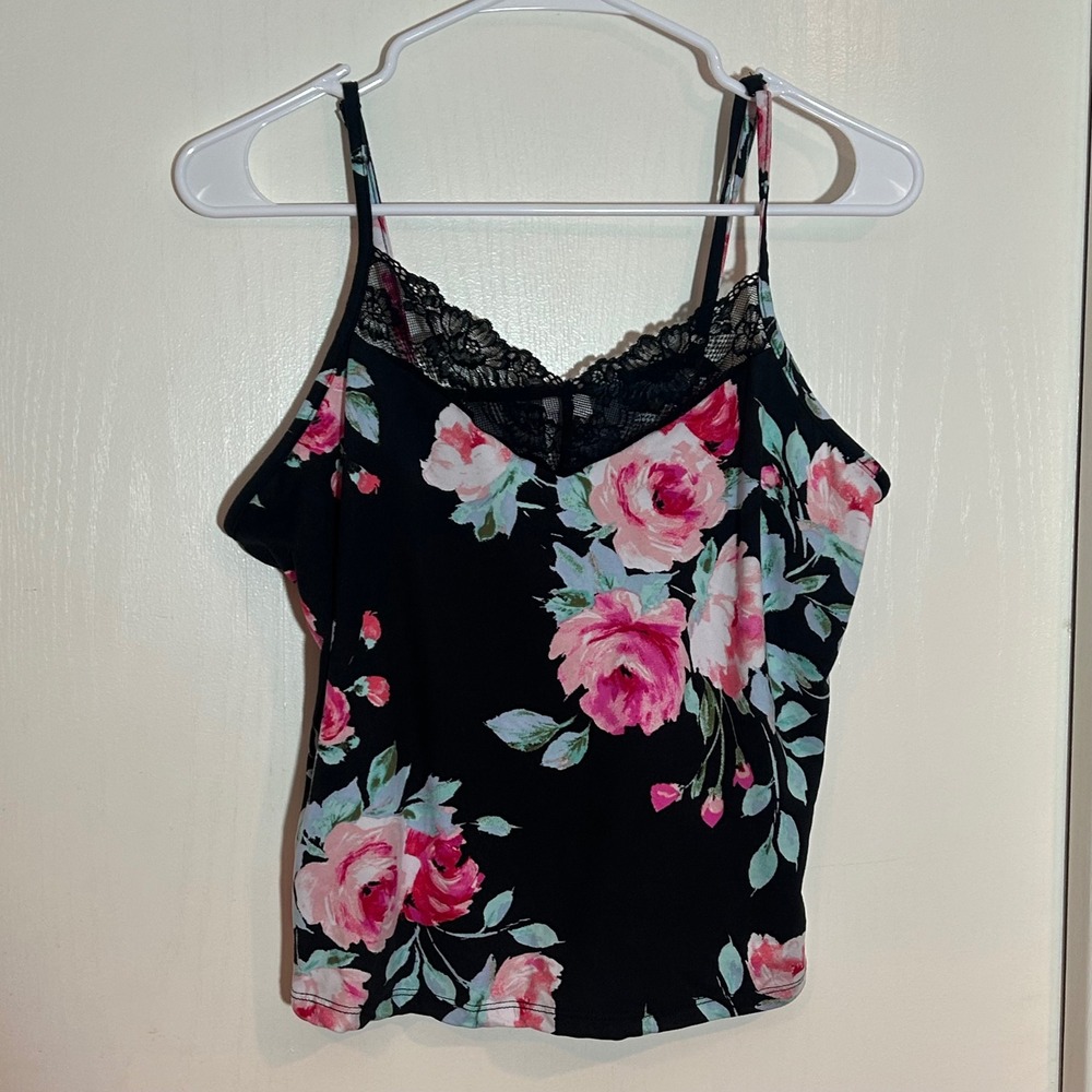 Joyspun‎ Womens Floral Lace Trim Camisole Top Black Pink S 4-6 Sleeveless Pajama